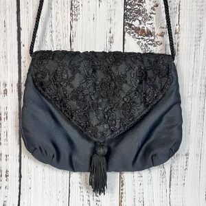 Vintage La Regale Purse Black Satin Lace Crossbody Shoulder Tassel Evening Small